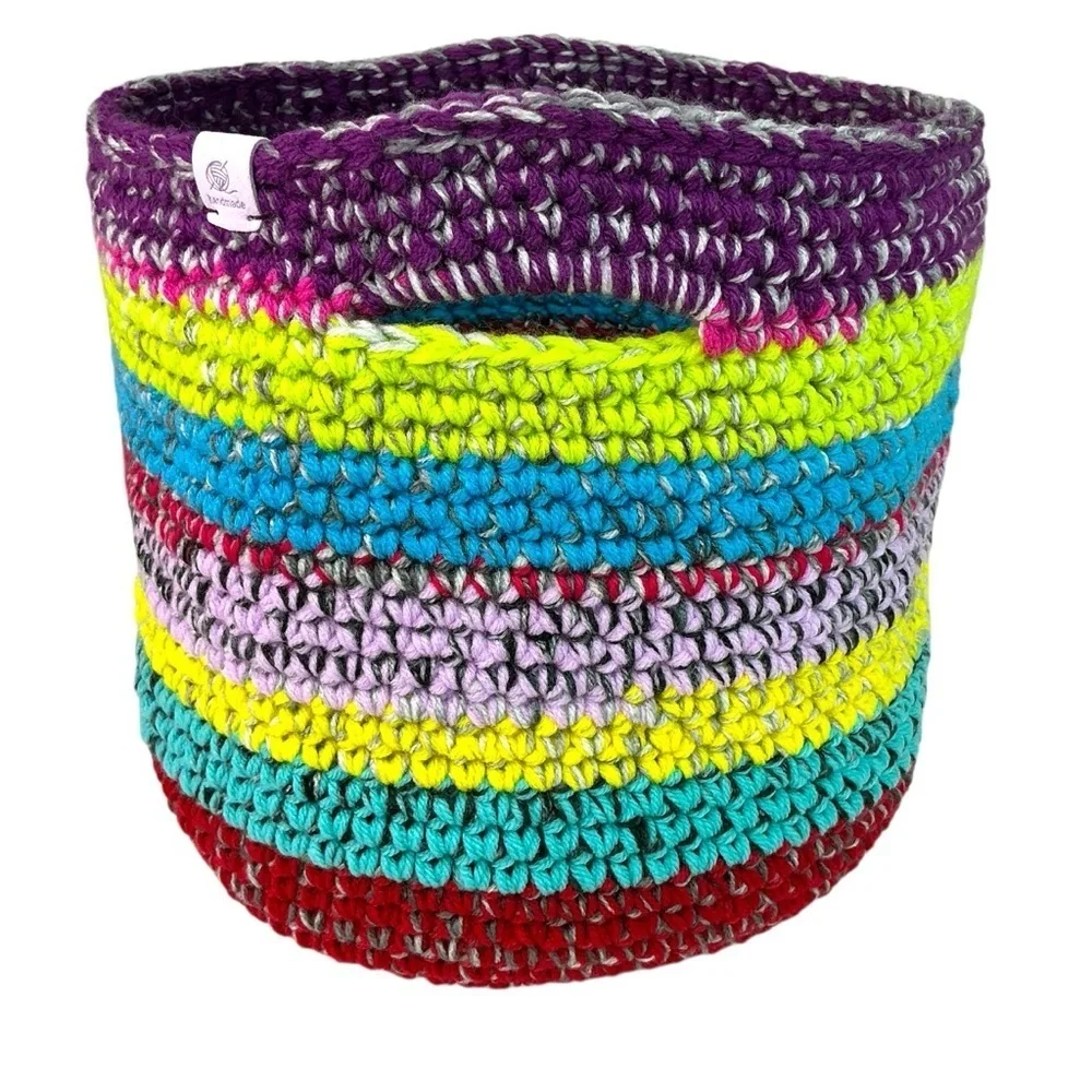 Handcrafted Multicolor Crochet Scrap Woven Tote Bag Basket Storage Handmade Knit